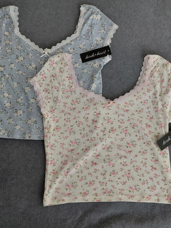 NWT Derek Heart Floral Lace Trim Ribbed Crop Top Coquette Women L - Picture 2 of 8